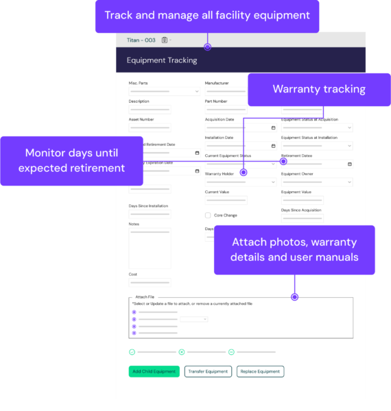 Maintenance capabilities enable tracking and managing all facility equipment, warranty tracking, monitoring days until retirement, and photos.