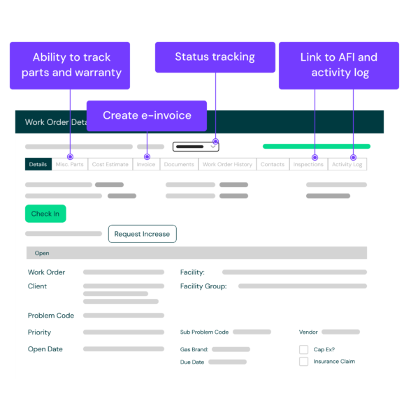 Work order details and automation such as status tracking, link to activity logs, creating e-invoices, and more with Titan Cloud